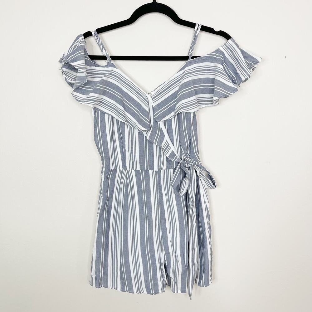 Entro Striped Cold Shoulder Ruffle Romper Blue S